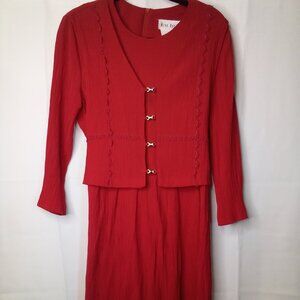 Miss Dorby Dress Women 14 Vintage Classic Attached Vest Textured Ribbed Red